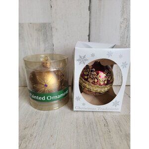 Glitter golden‎ floral pattern ball ornament red golden trim set Xmas decor